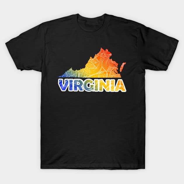 Colorful mandala art map of Virginia with text in blue, yellow, and red T-Shirt by Happy Citizen